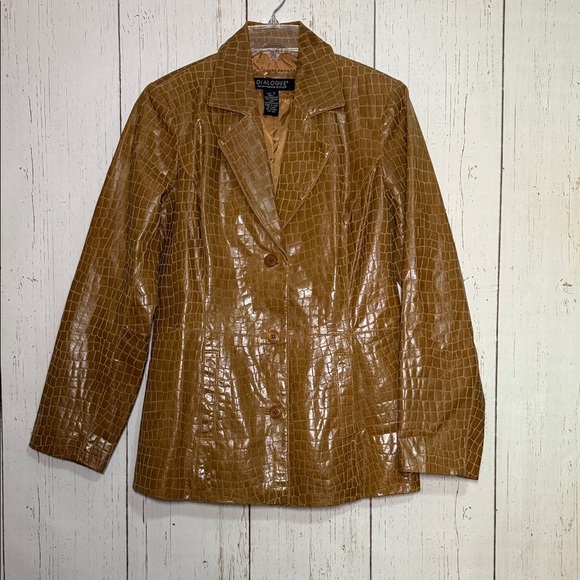 Dialogue Crocodile Leather Printed Brown Leather Button Blazer Jacket Small - Picture 1 of 4